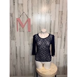 Forever 21 Navy Blue Floral Lace Front 3/4 Sleeve Top Women’s Medium